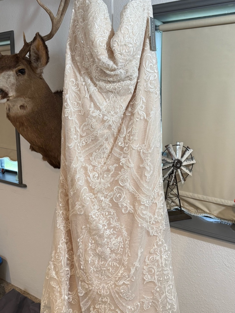 Oleg Cassini Blush Lace Strapless Wedding Gown